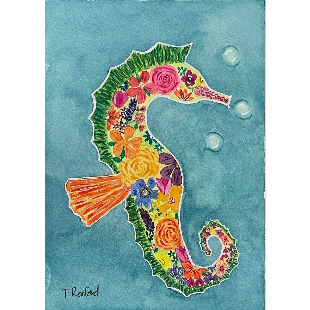 Hand painted watercolor original painting floral seahorse